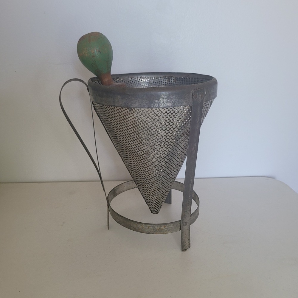 Primitive Vintage Cone Strainer/ Colander/ Sieve Stand with Wood Pestle